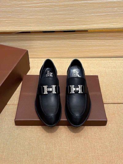 Hermes Black calfskin Leather Shoes-Hermes Man Business Leather Shoes